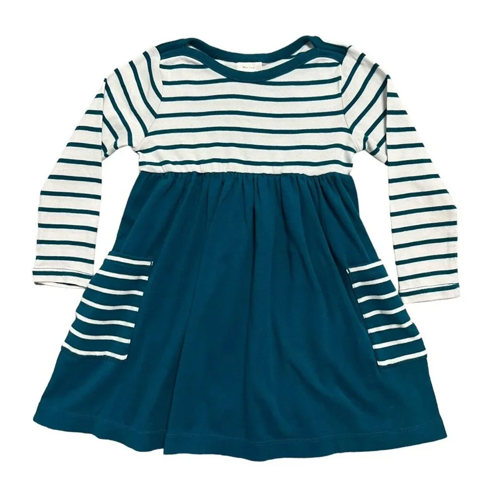 Hanna Andersson Sz 90 (3T) Teal Striped Dress & Bloomers